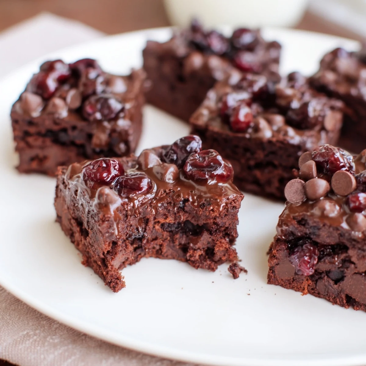 Fudgy chocolate cherry brownie bites with a glossy chocolate drizzle on a wire rack, perfect for party platters.