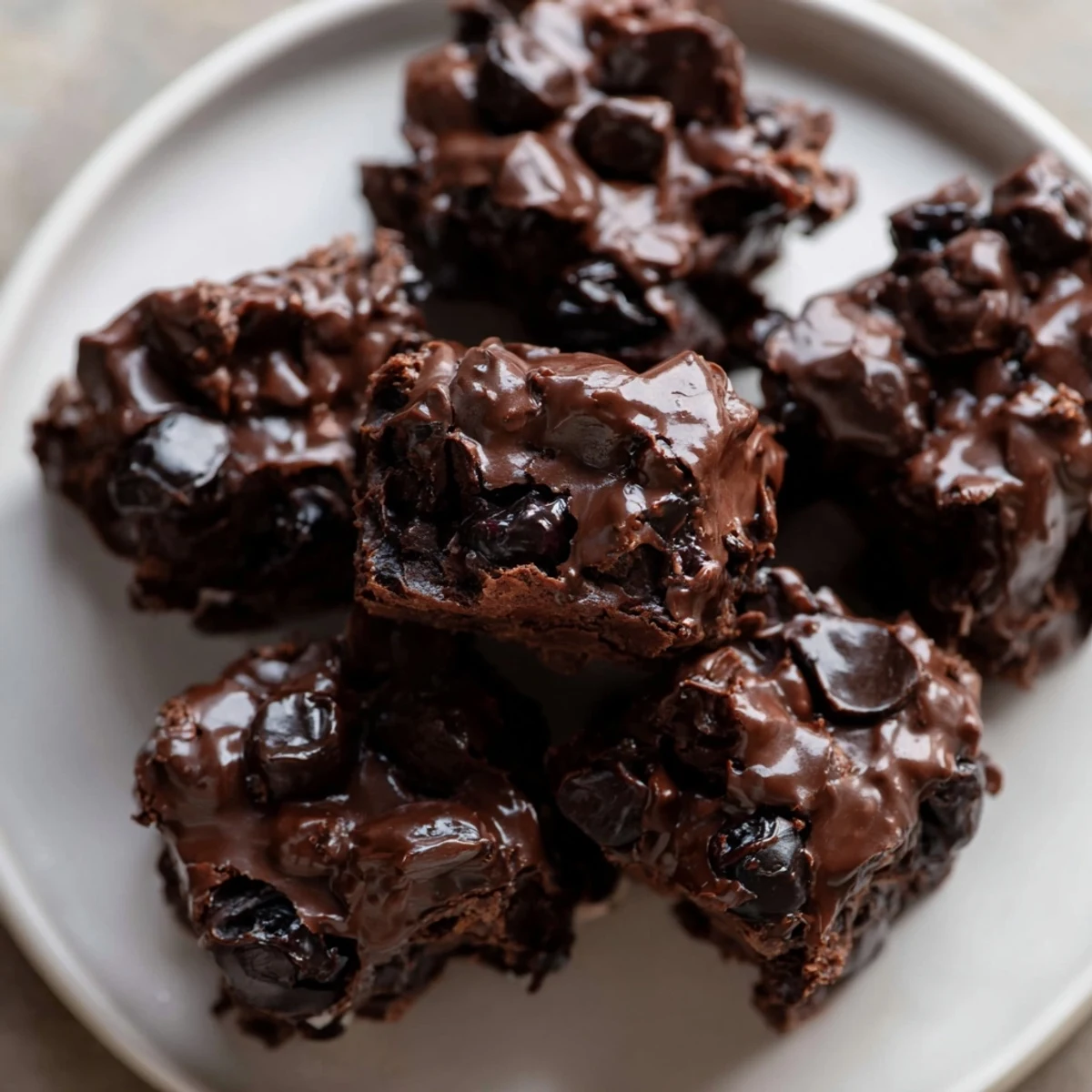 Close-up of moist chocolate cherry brownie bites studded with cherries, highlighting their rich, fudgy texture and shiny topping.