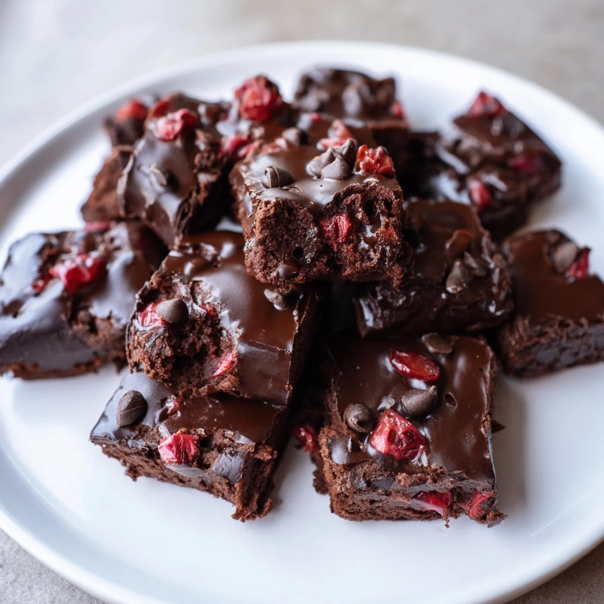 Freshly baked chocolate cherry brownie bites on a cooling rack, ready for an indulgent snack or dessert platter.