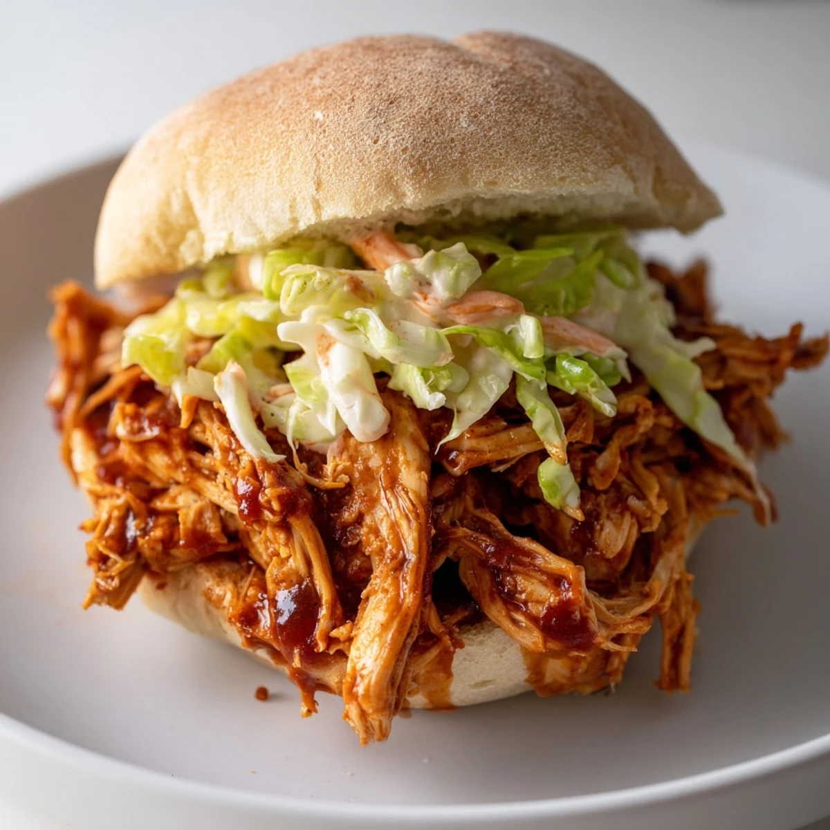 Tender shredded chicken coated in tangy barbecue sauce, piled high on soft buns with a side of crisp, creamy slaw.  