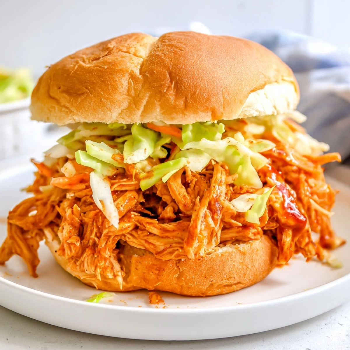 Savory MVP Pulled Chicken Sandwiches topped with crunchy slaw and pickles, ready to serve at your next game day gathering.  