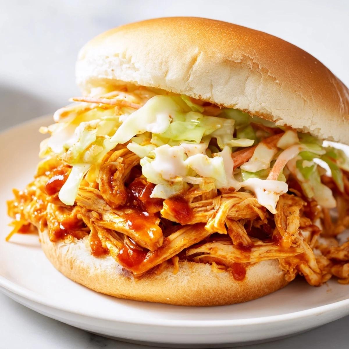 Juicy pulled chicken in smoky barbecue sauce, nestled in a toasted bun with creamy slaw for a satisfying bite.