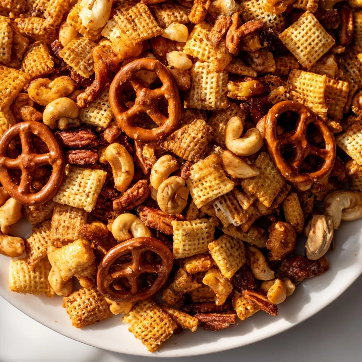 A spoon lifts a portion of Super Bowl Snack Mix with Nuts and Pretzels, revealing melted butter coating.