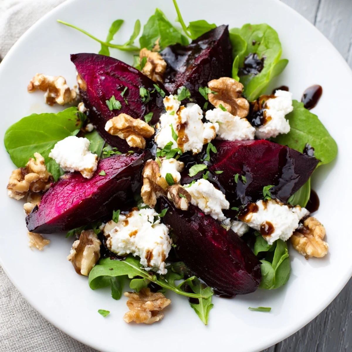 Roasted Beet and Goat Cheese Salad arranged on a white platter, featuring deep red beets, creamy crumbled cheese, and toasted walnuts over arugula.
