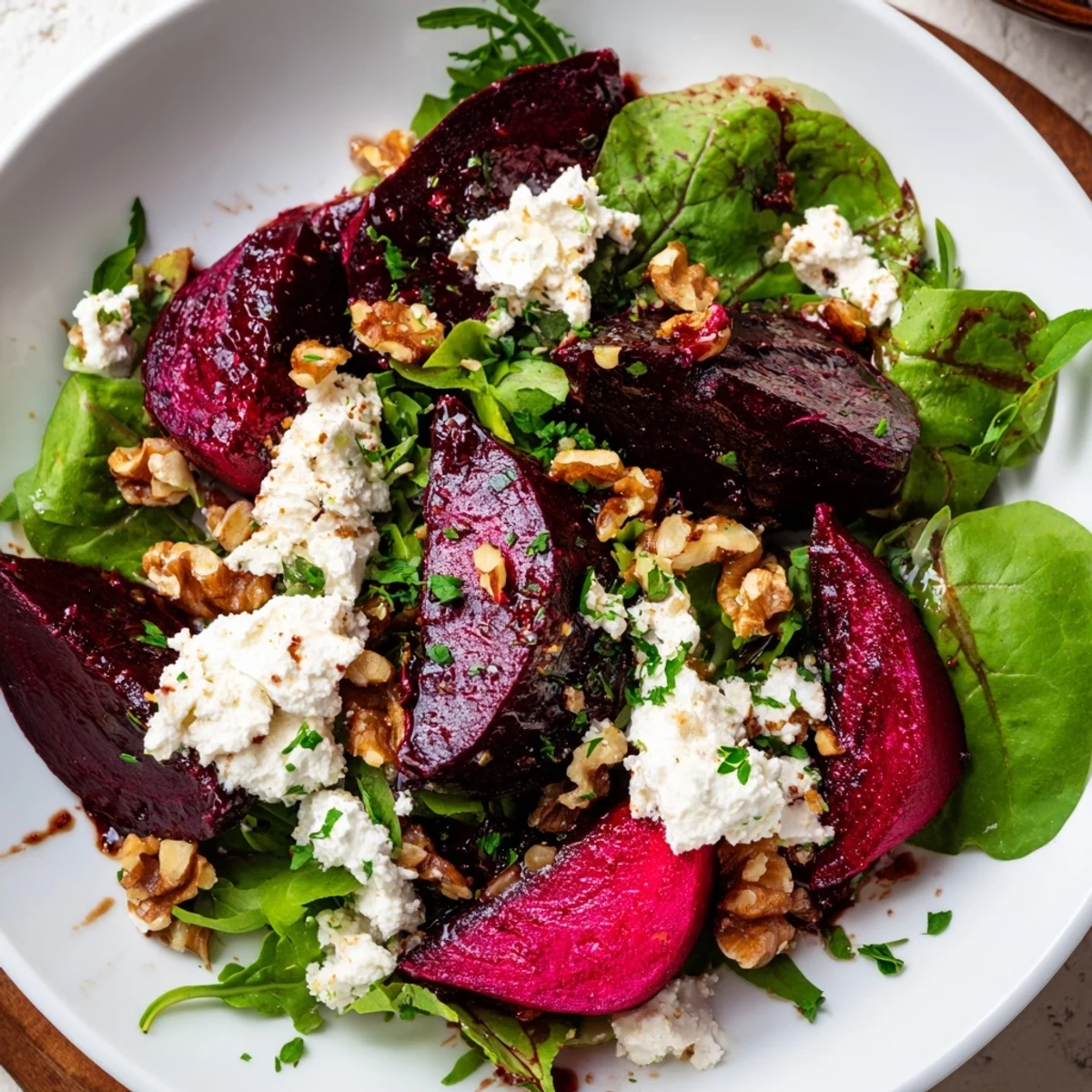 A close-up of Roasted Beet and Goat Cheese Salad, highlighting glossy balsamic vinaigrette drizzled over ruby beets and goat cheese with fresh parsley.