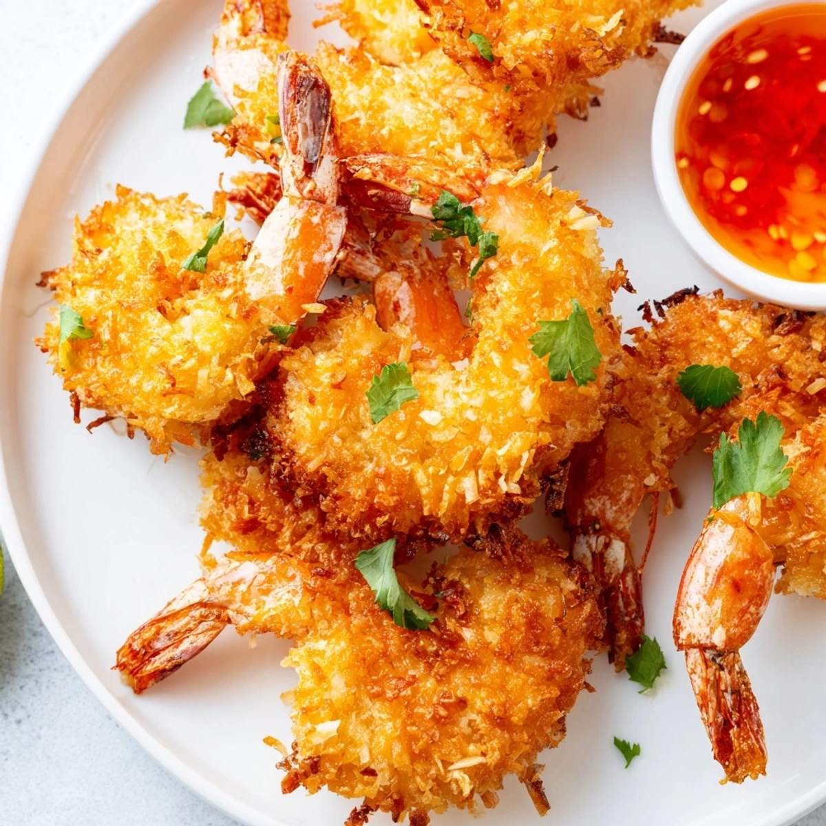 Appetizer platter of Crispy Coconut Shrimp with Sweet Chili Sauce, ready to be dipped and served alongside colorful coleslaw.