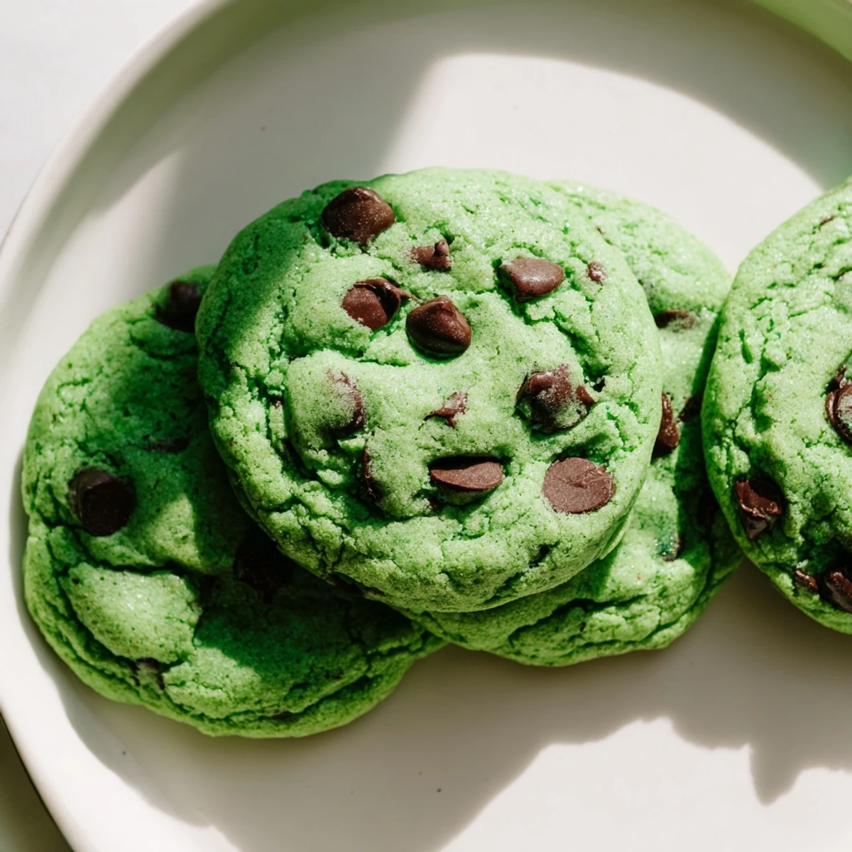 Freshly baked Mint Chocolate Chip Cookies cooling on a wire rack, showcasing their soft, chewy texture and festive green hue.