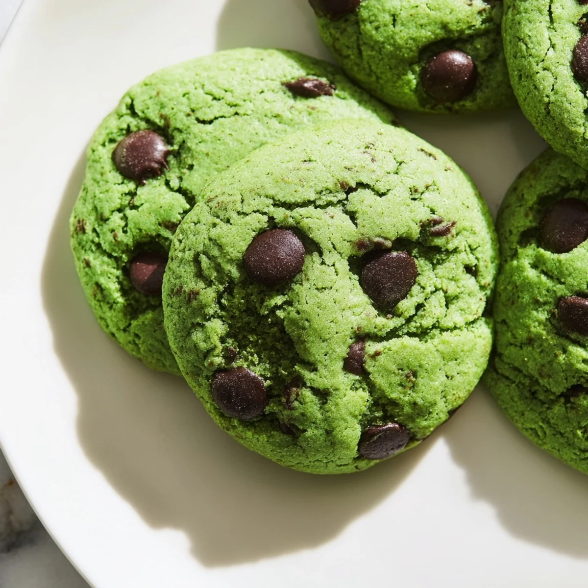A close-up of vibrant Mint Chocolate Chip Cookies with rich semi-sweet chocolate chips, perfect for a sweet and refreshing treat.
