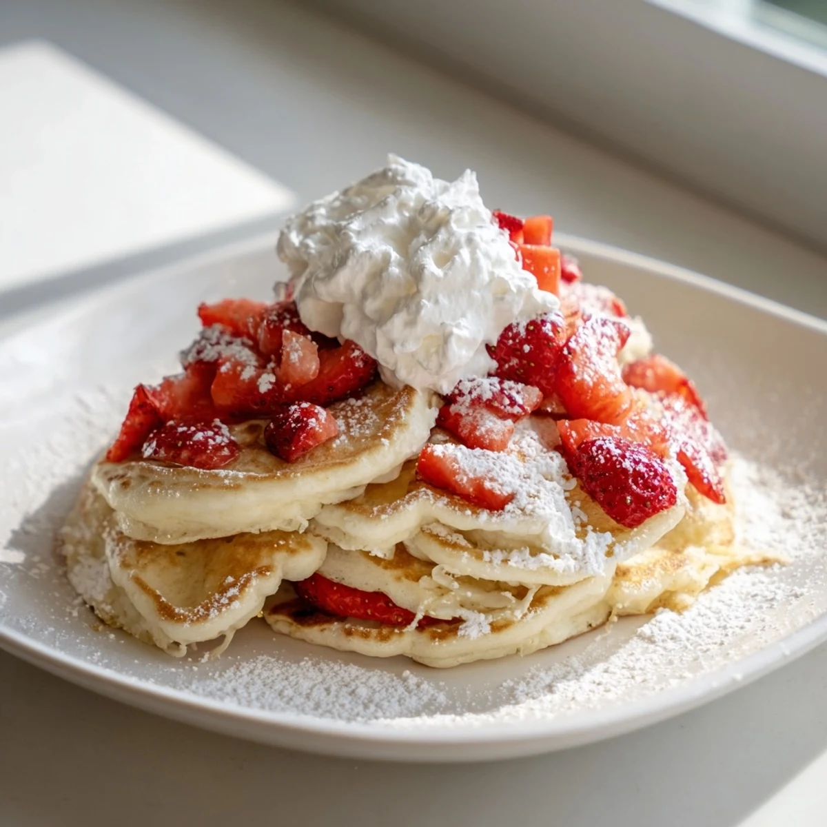 Fluffy heart-shaped Valentine Breakfast Pancakes topped with fresh sliced strawberries and a dollop of whipped cream.