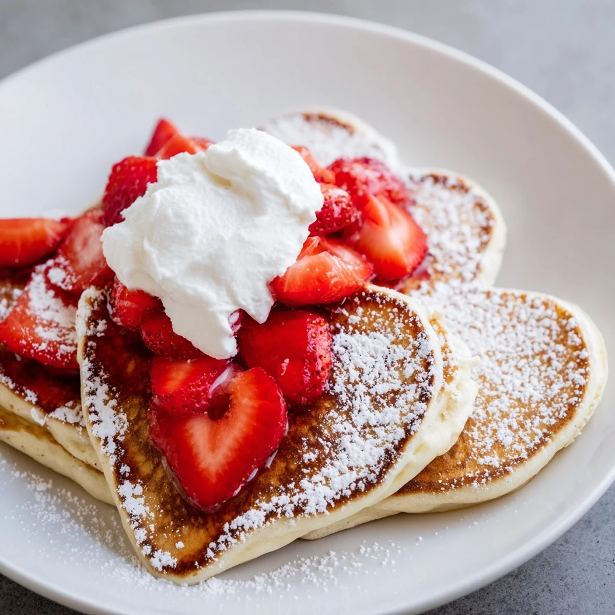 Freshly cooked Valentine Breakfast Pancakes served on a plate with vibrant strawberries and sweet cream.