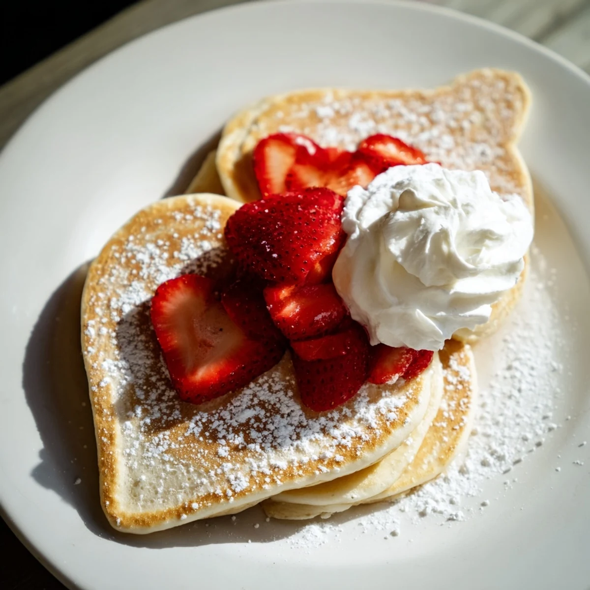 Golden-brown Valentine Breakfast Pancakes stacked high, drizzled with maple syrup and sprinkled with powdered sugar.