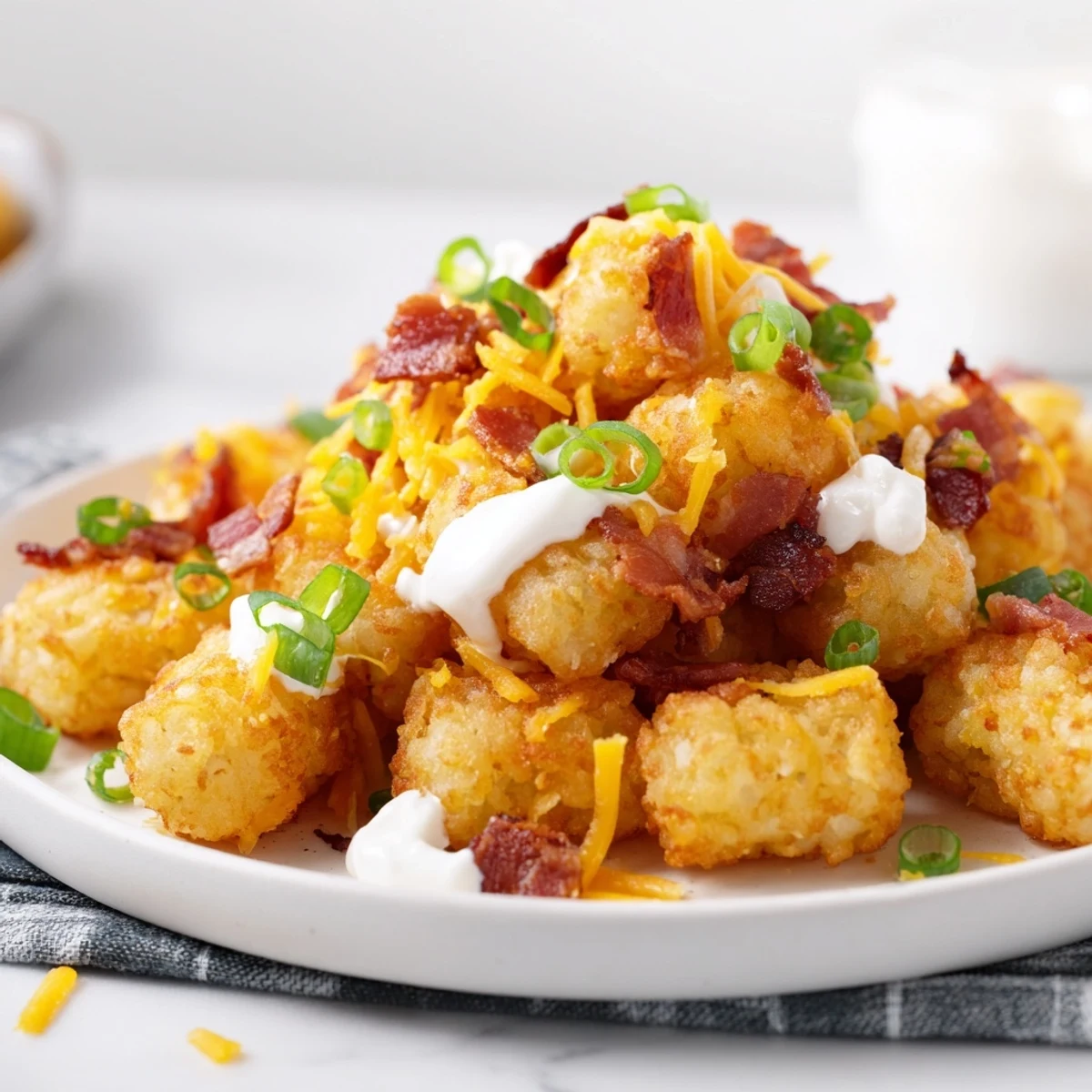 Golden Loaded Tater Tots with Cheese and Beef Bacon with sour cream drizzle and diced tomatoes on a platter.