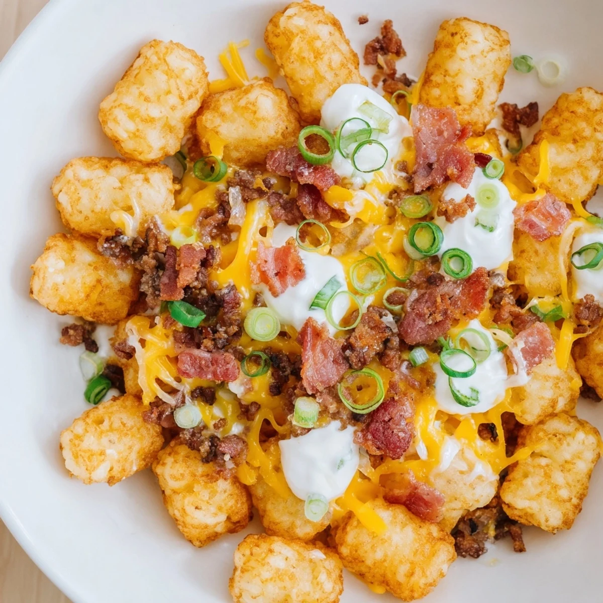 Crispy golden Loaded Tater Tots with Cheese and Beef Bacon topped with melted cheddar and fresh green onions.
