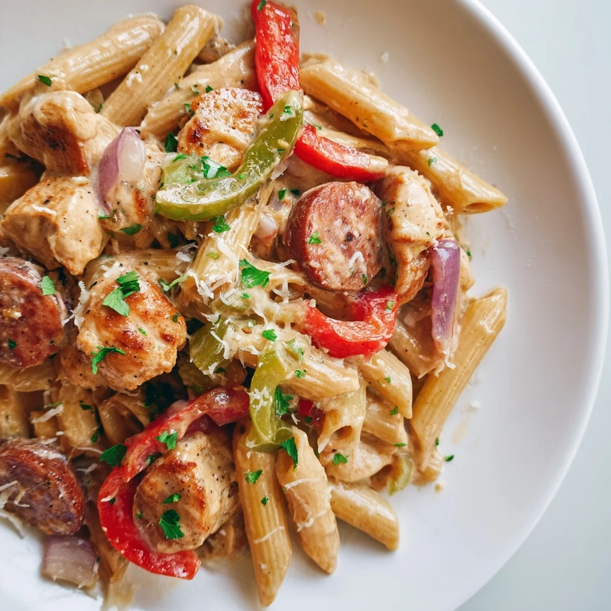 Close-up of Spicy Jambalaya Pasta with Chicken and sausage in a creamy red sauce, garnished with fresh parsley and Parmesan cheese.