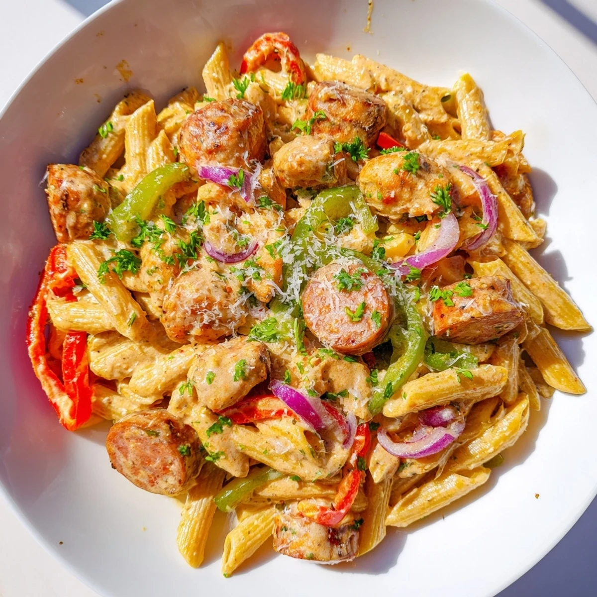 Spicy Jambalaya Pasta with Chicken simmering in a rich, creamy Cajun sauce with bell peppers and smoked Andouille sausage.