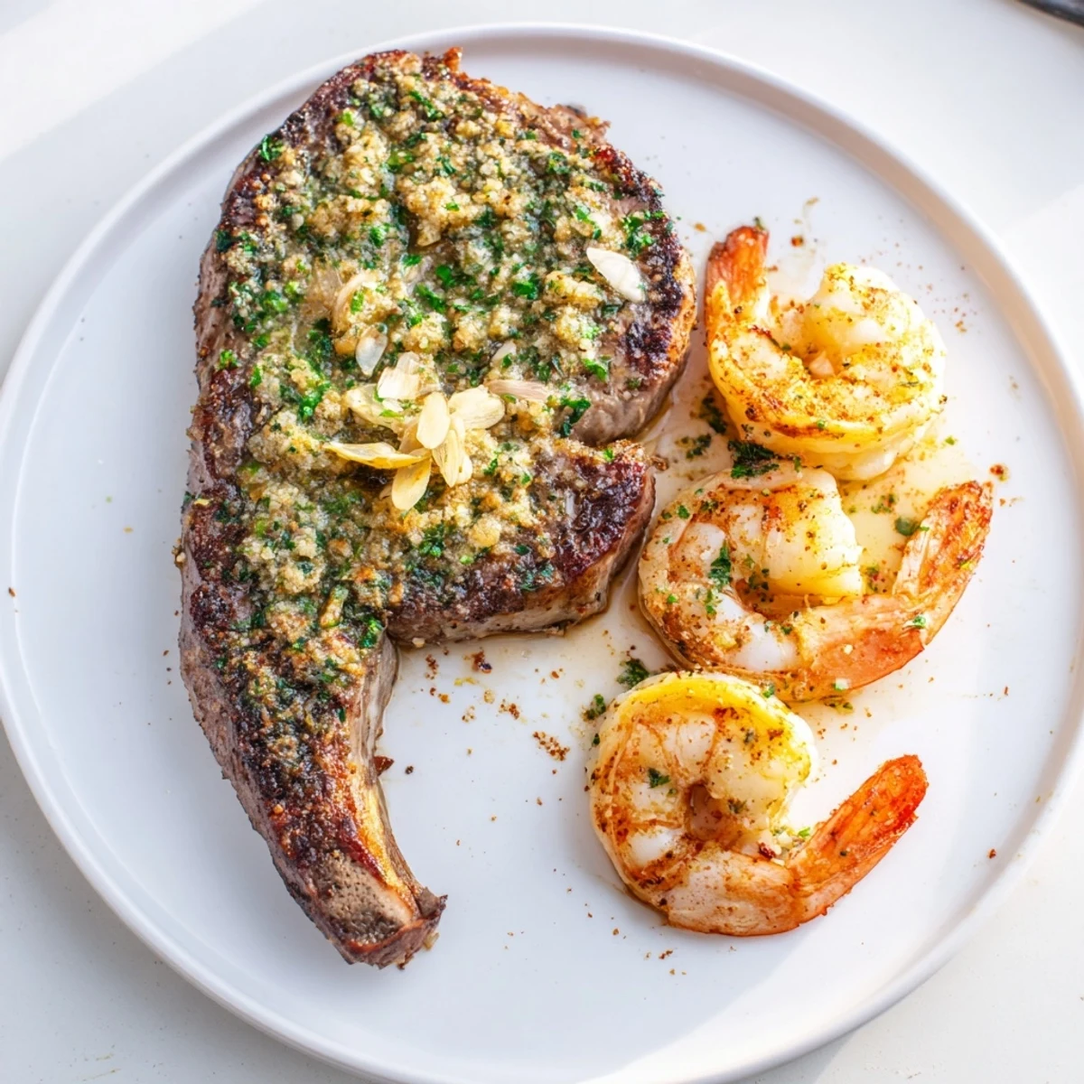 Pan-seared Romantic Surf and Turf Steak and Shrimp draped in garlic butter with fresh herbs.