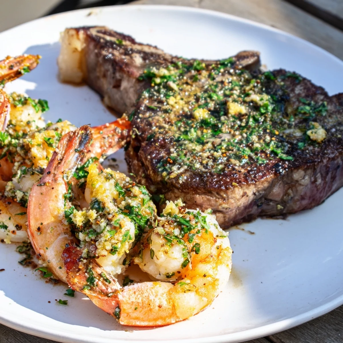 Romantic Surf and Turf Steak and Shrimp served juicy and succulent, ready for a special dinner.