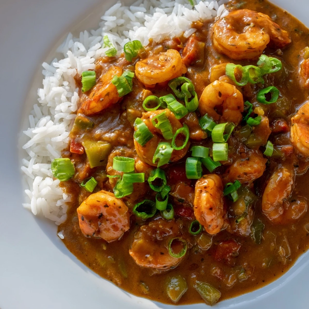 A close-up of Crawfish Étouffée with Steamed Rice, featuring crawfish tails in a rich, tomato-based sauce over fluffy white rice.