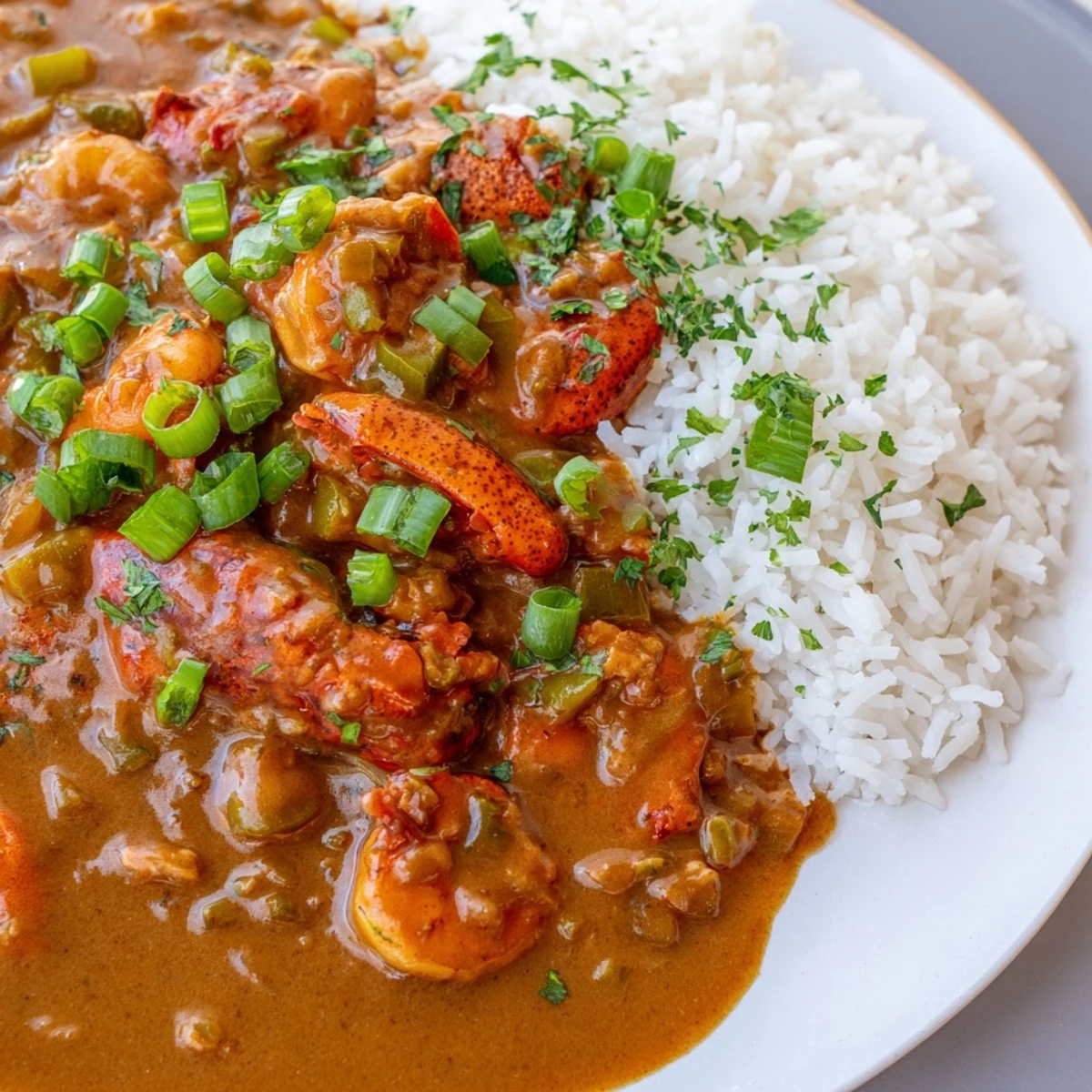 A serving of Louisiana Crawfish Étouffée ladled over steamed rice, garnished with fresh green onions and parsley for a vibrant finish.