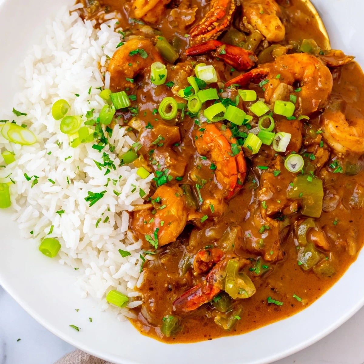 A rustic bowl of Creole Crawfish Étouffée with Steamed Rice, with a side of crusty bread ready to soak up the sauce.