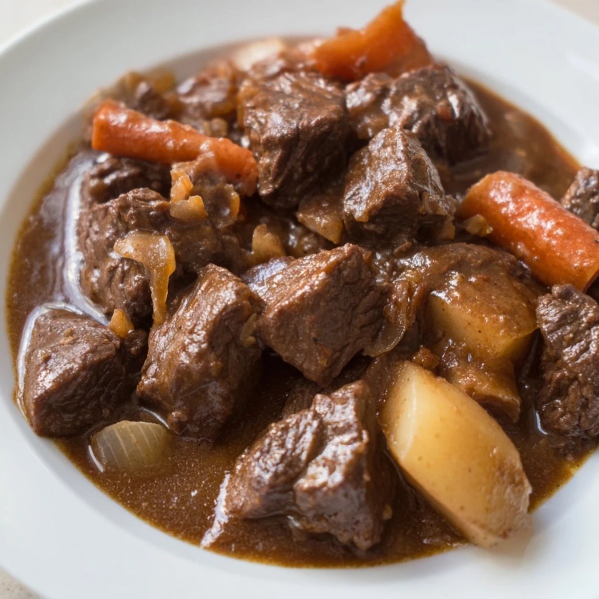 Steaming bowl of Guinness-Style Alcohol-Free Beef Stew with tender beef chunks and root vegetables.