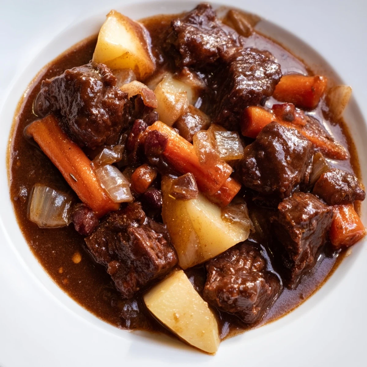 Savory Guinness-Style Alcohol-Free Beef Stew served in a dark ceramic bowl with crusty bread.