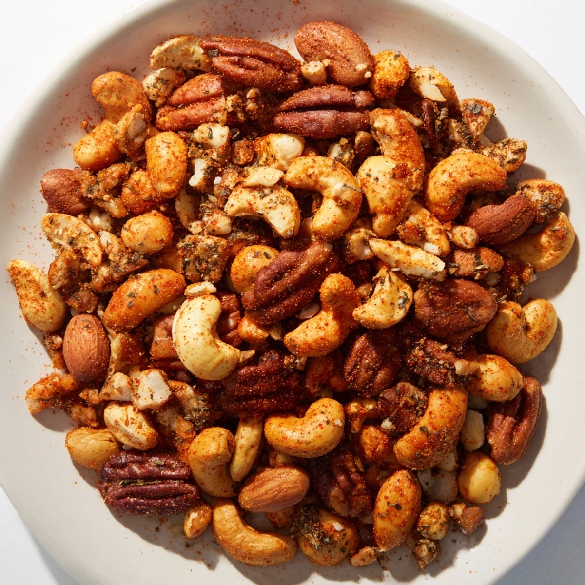 A rustic bowl of Spicy Nuts Mix with Cajun Seasoning, surrounded by raw almonds and cashews, ready for a game-day snack or party appetizer.
