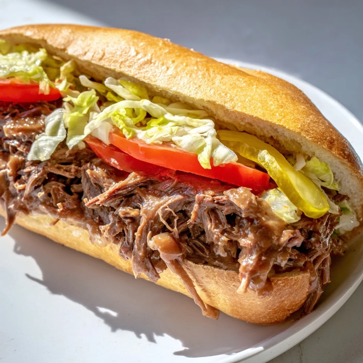 Roast Beef Po Boy Sandwich piled high with tender shredded beef, gravy, lettuce, and tomato on a crusty French baguette.