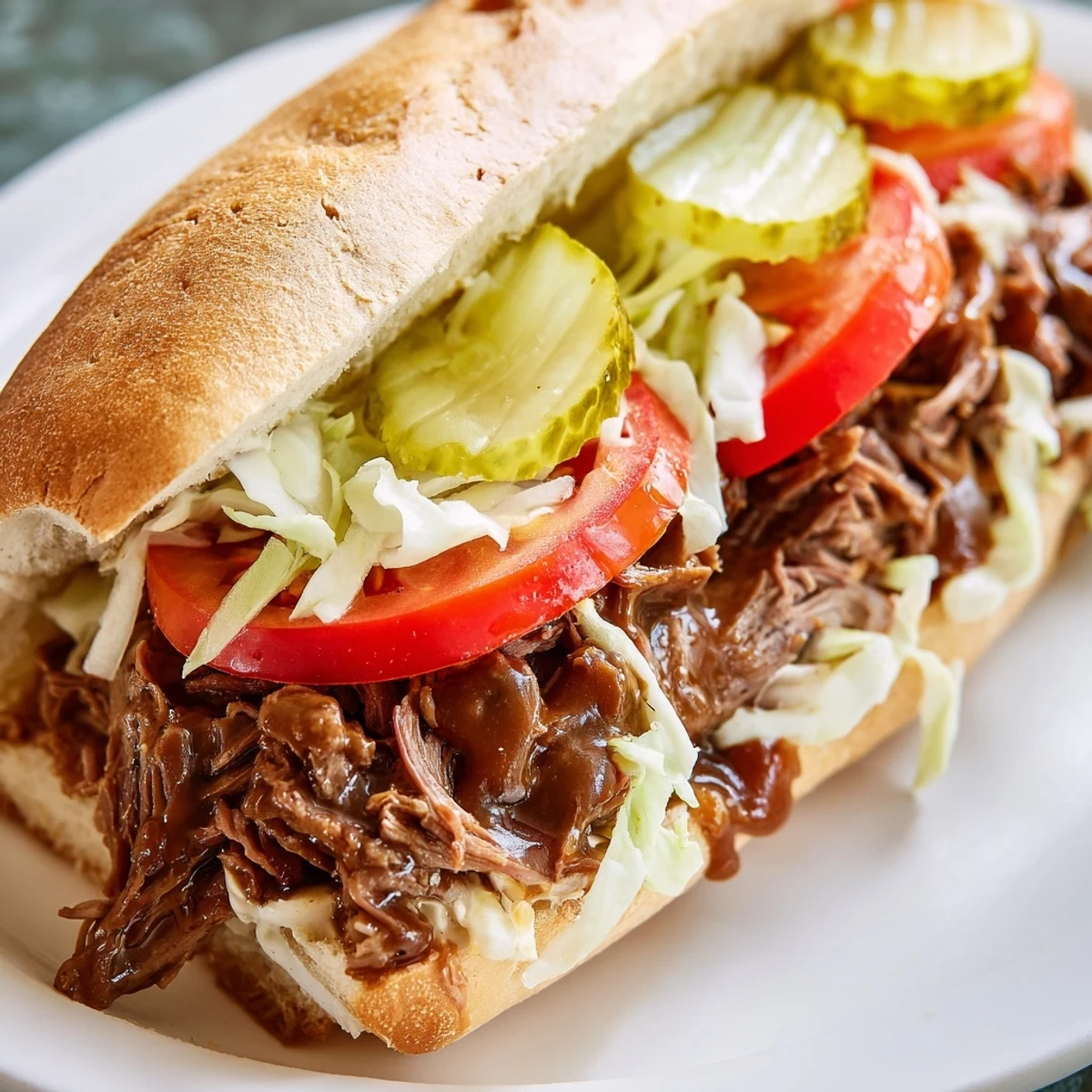 A close-up of a Roast Beef Po Boy Sandwich with juicy beef, dill pickles, and a drizzle of rich gravy.