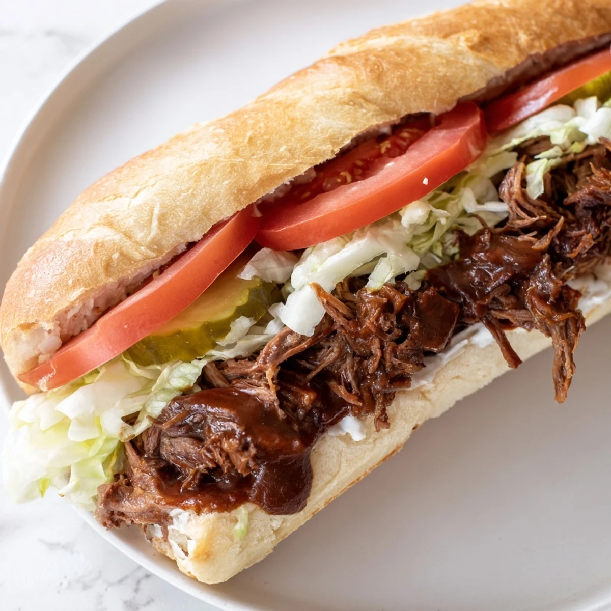 Classic New Orleans-style Roast Beef Po Boy Sandwich layered with lettuce, tomato, and pickles on a split baguette.