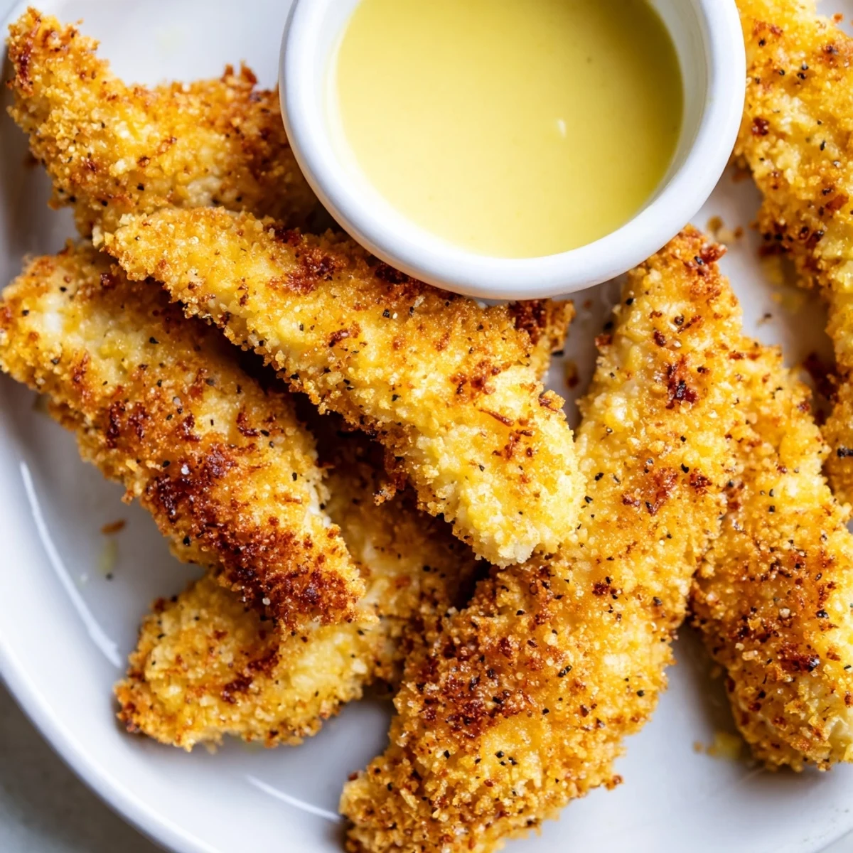 Freshly fried Chicken Tenders with Honey Mustard on a rustic plate with fries.