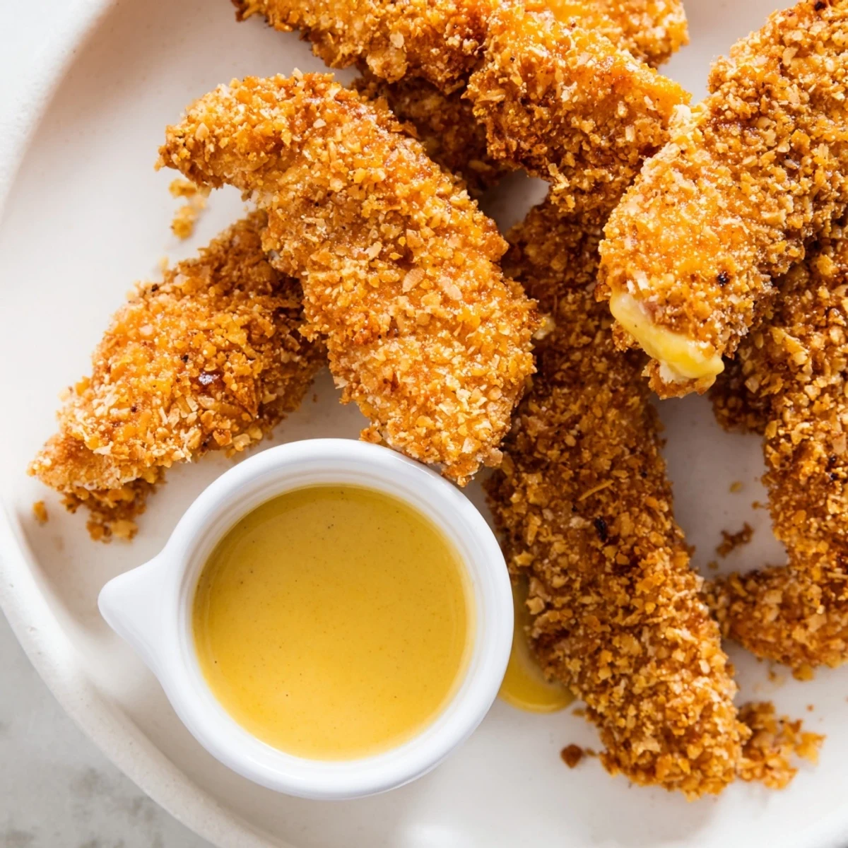 Homemade Chicken Tenders with Honey Mustard paired with a fresh green salad.