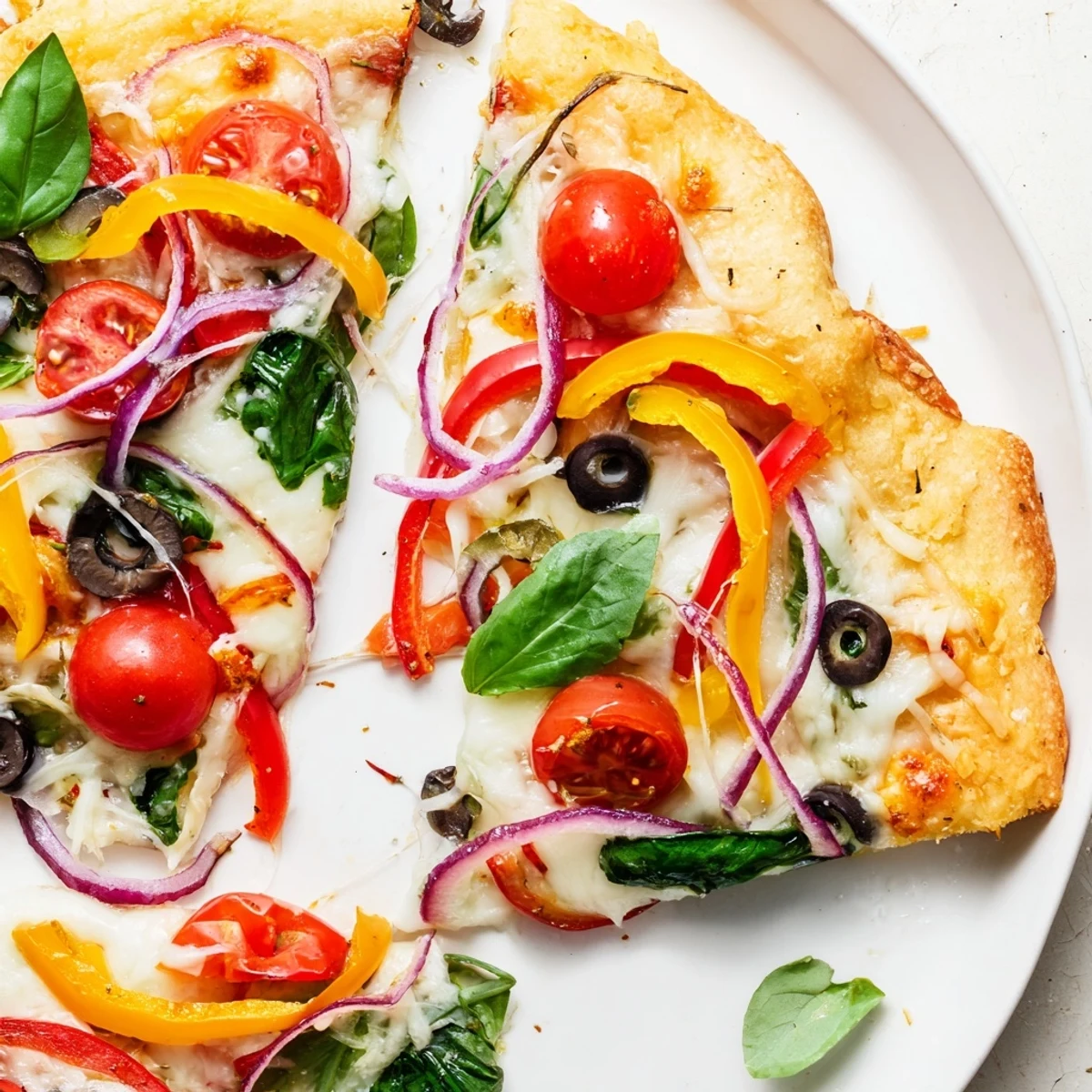Heart Shaped Vegetable Pizza sits on a rustic board with basil garnish, ready to slice and serve warm.  
