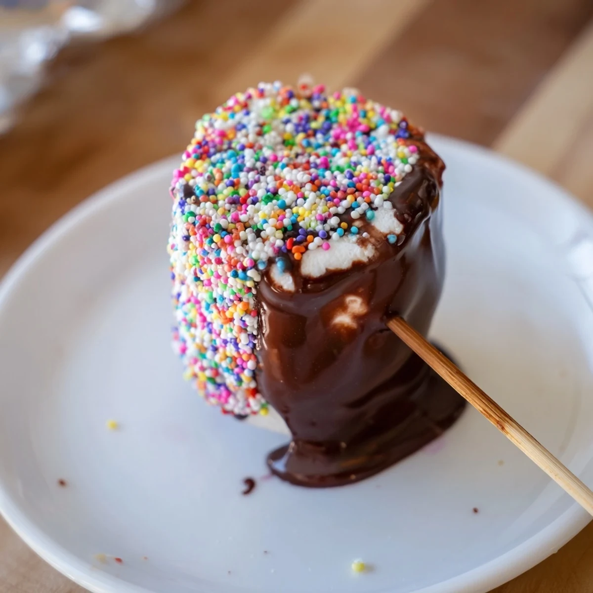 Chocolate-dipped marshmallows on sticks, coated in glossy chocolate and topped with vibrant sprinkles for a festive party dessert.