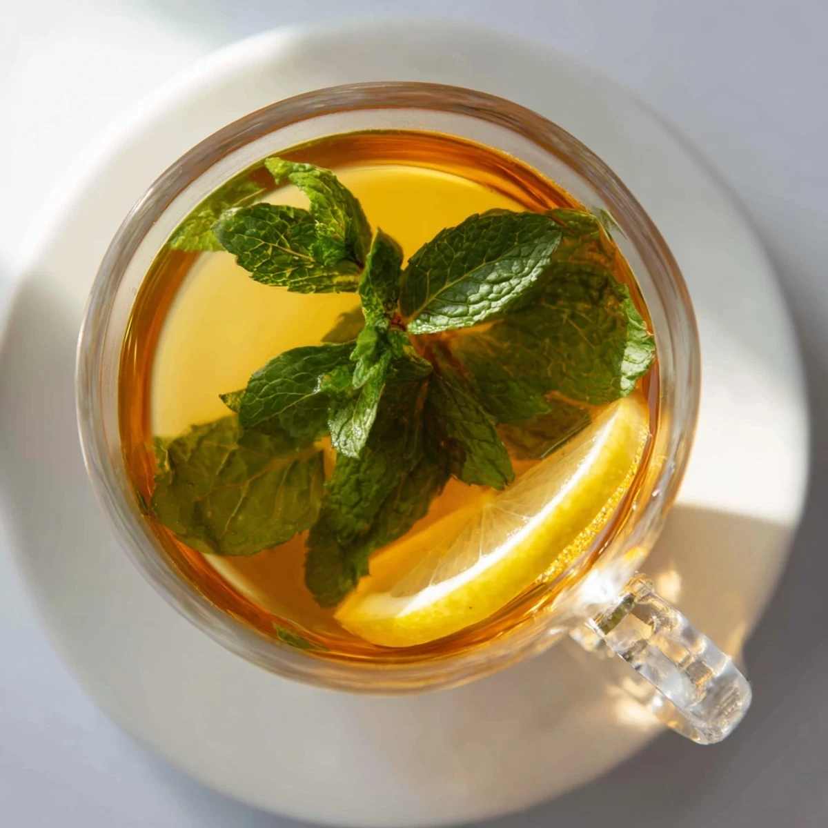 A steaming cup of Mint Tea with Honey and Lemon garnished with fresh mint leaves and a lemon slice.