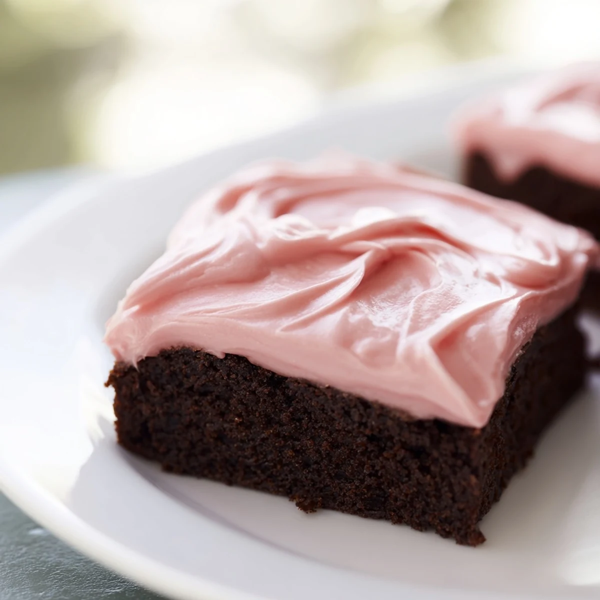 Freshly baked, fudgy Brownies with Pink Frosting displayed on a wire rack, ready for a festive celebration.