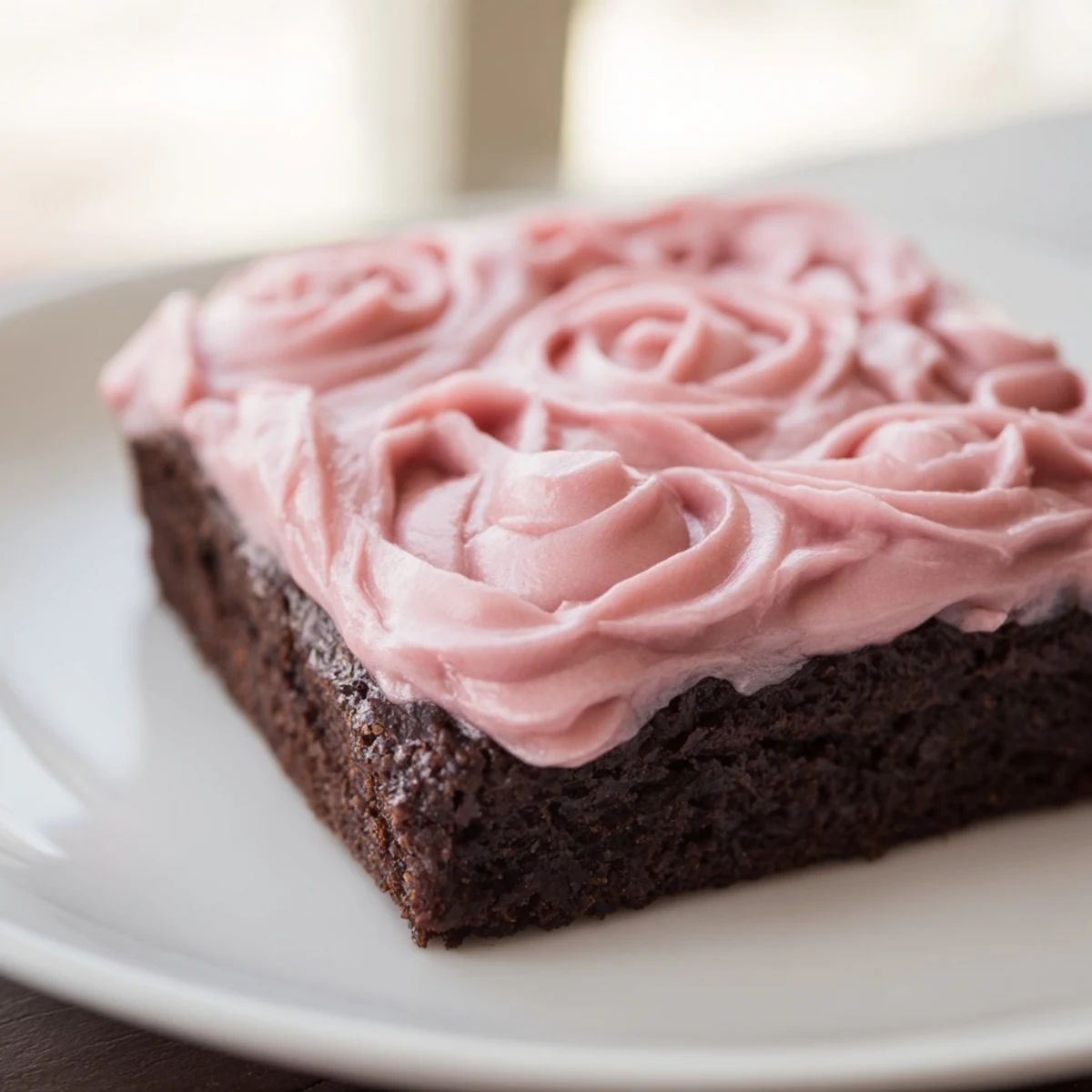 A close-up of rich, chocolatey Brownies with Pink Frosting, highlighting the creamy swirls and moist crumb texture.