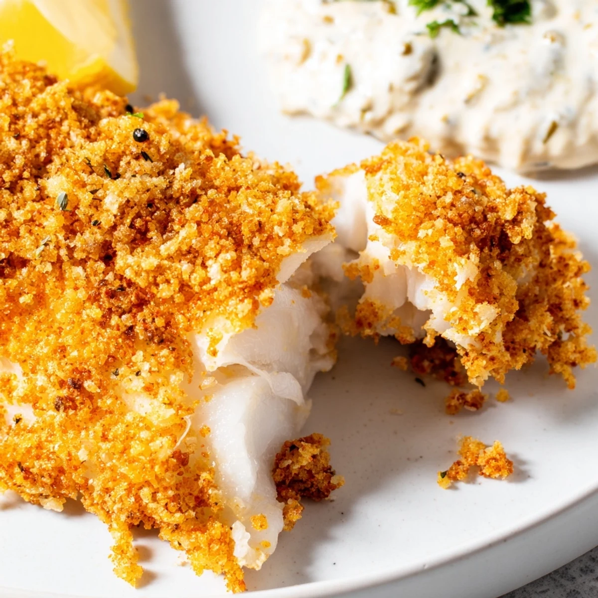 Golden crispy Fish Fry with Tartar Sauce fillets garnished with parsley and lemon wedges on a rustic plate.