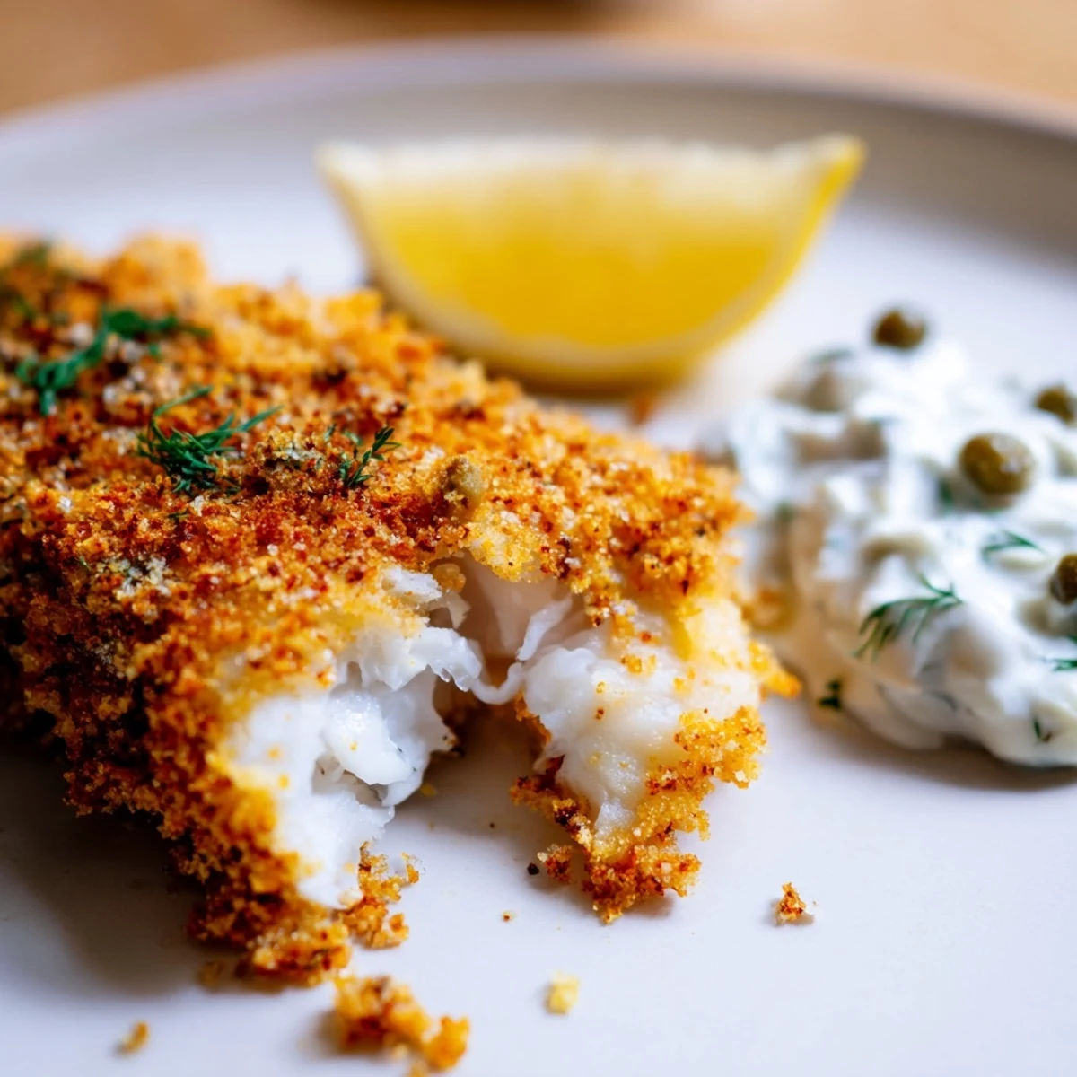 Golden fried Fish Fry with Tartar Sauce fillets on paper towels, lemon wedges and sauce nearby ready to serve.