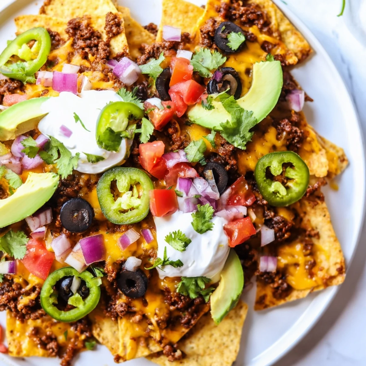 Golden-brown Nachos Supreme with melted cheese, seasoned beef, fresh veggies, and a dollop of sour cream on a platter.