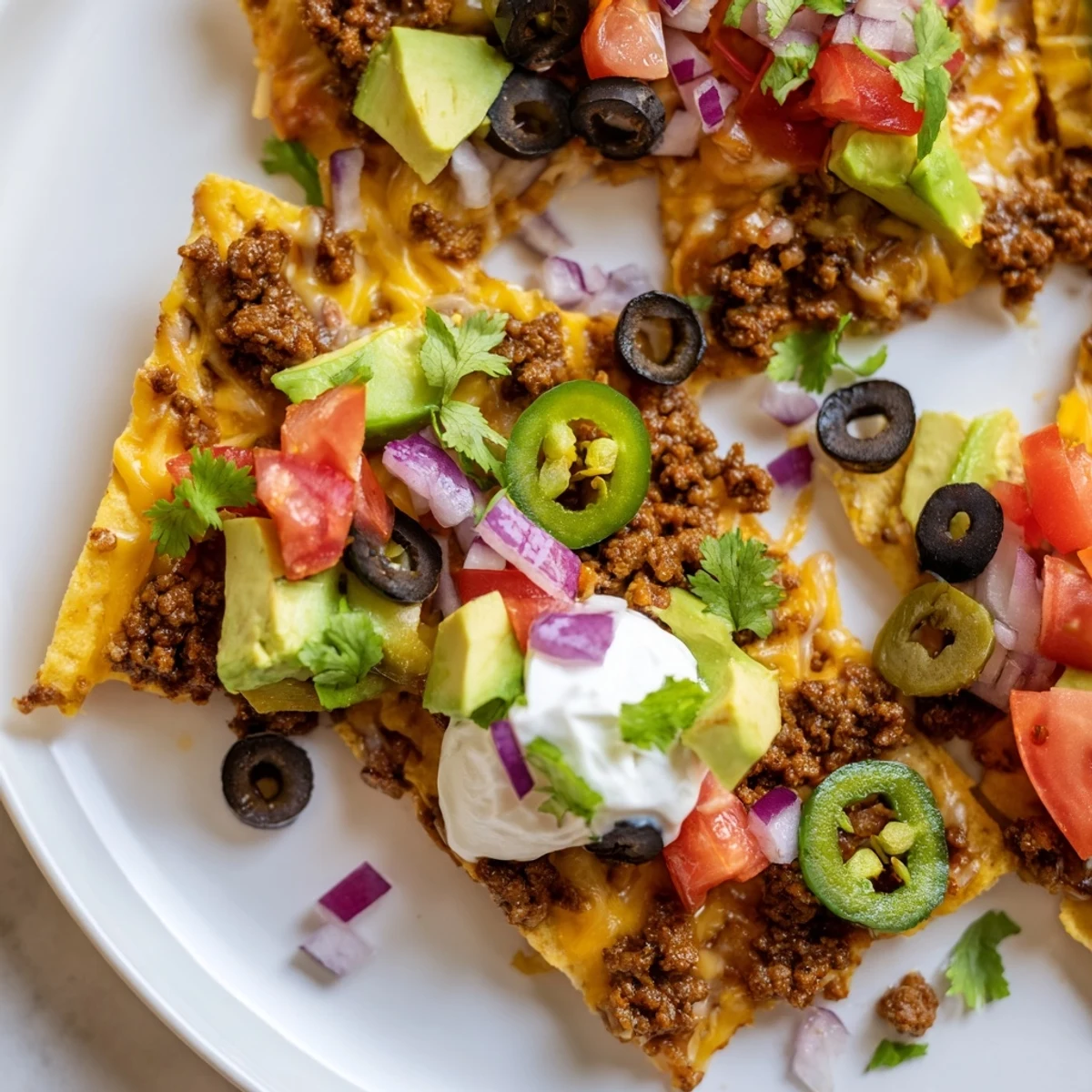 A close-up of hot Nachos Supreme topped with diced avocado, jalapeños, and sour cream, ready to serve.