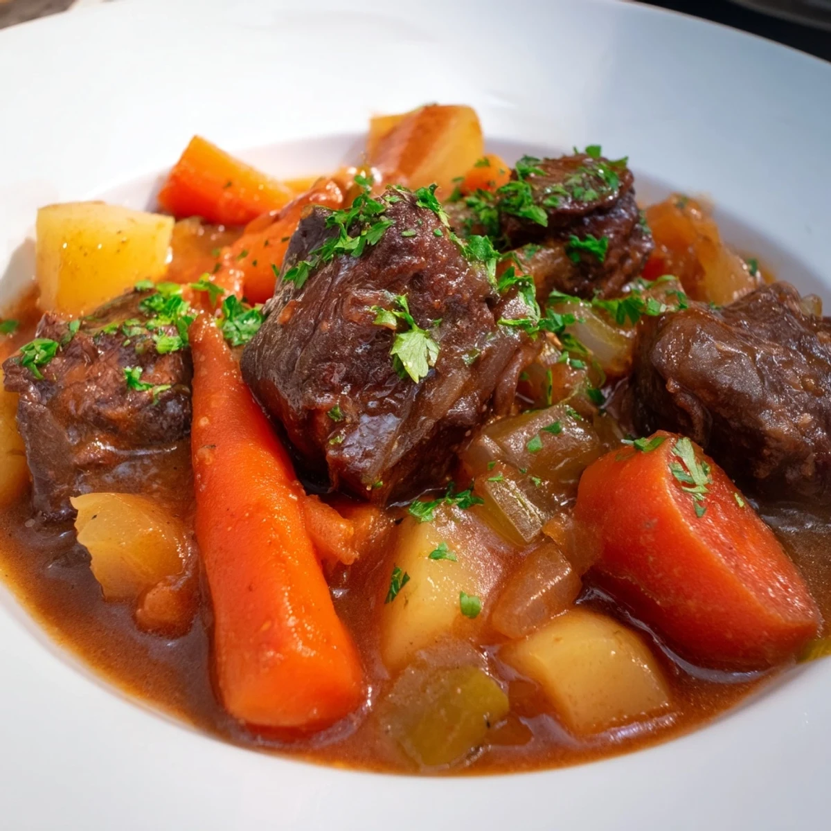 Tender lamb shoulder cubes and a colorful medley of root vegetables simmer in a rich, savory broth inside a Dutch oven.