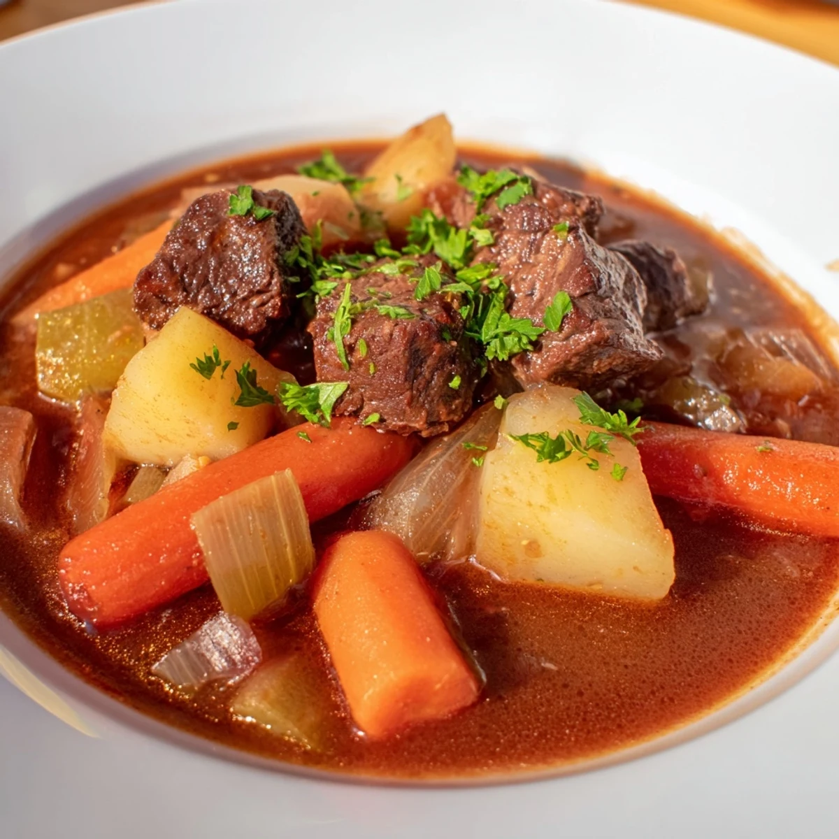A close-up of hearty Lamb Stew with Root Vegetables in a rustic bowl, garnished with fresh thyme and parsley.