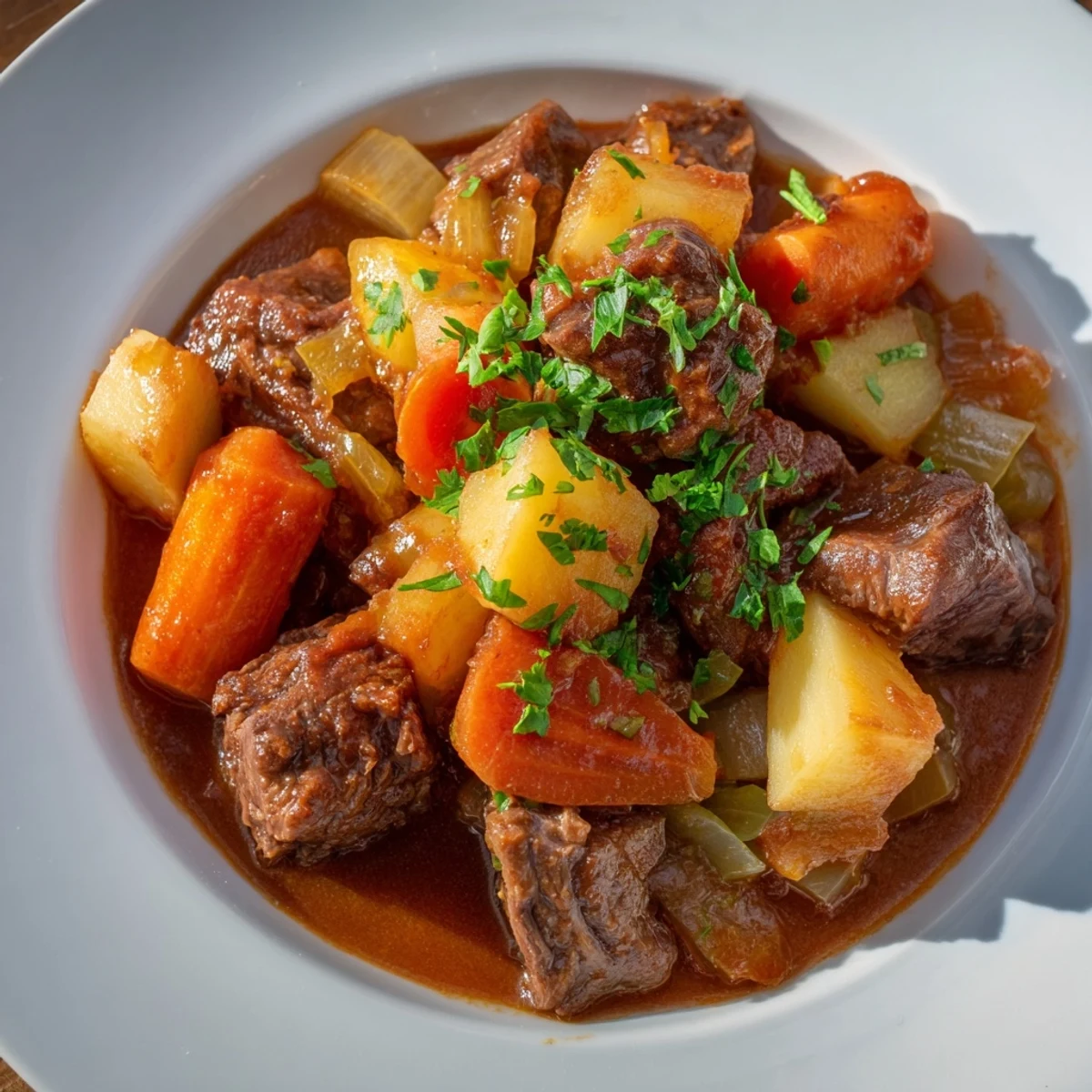 A comforting family-style serving of Lamb Stew with Root Vegetables, ready to be enjoyed with crusty gluten-free bread.
