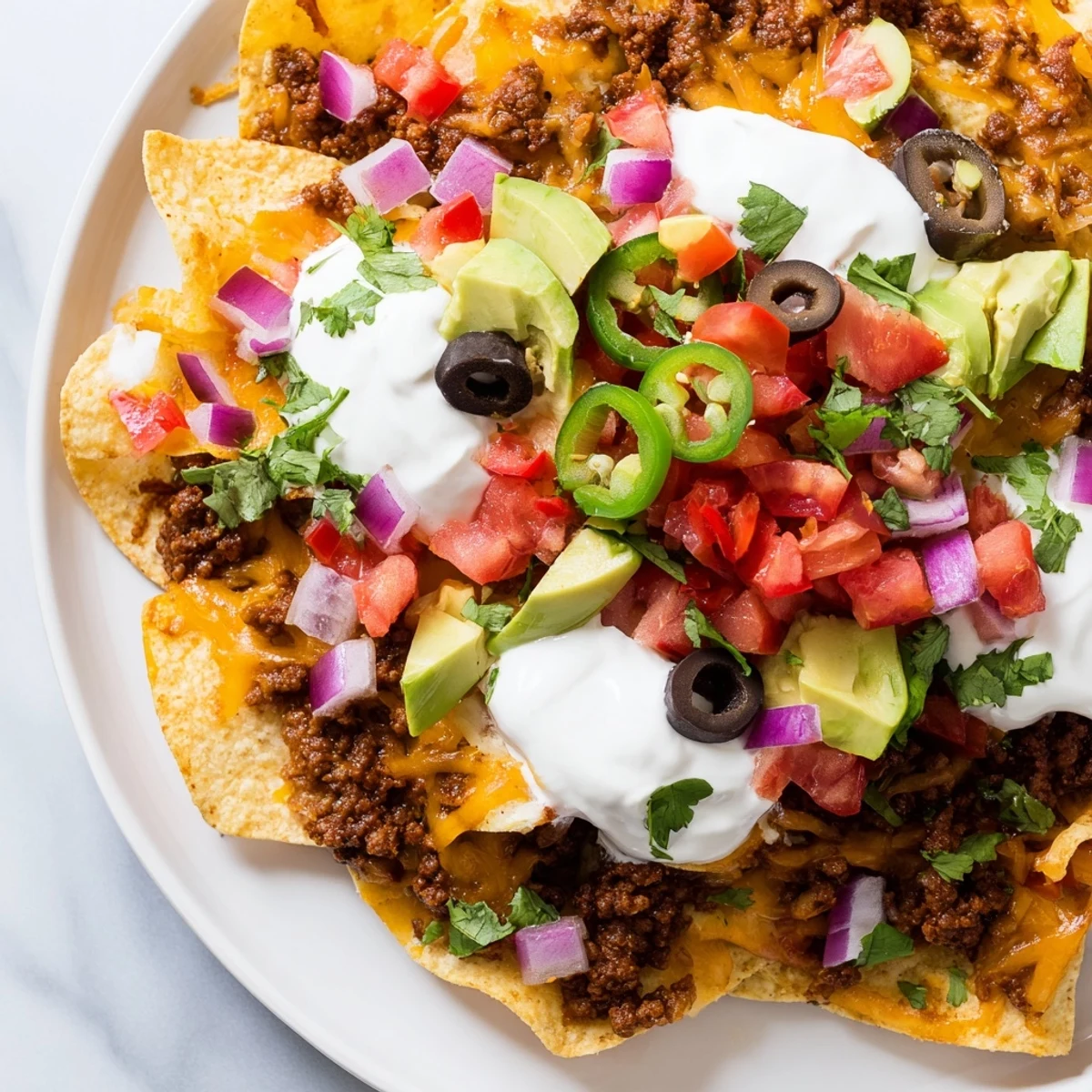 Golden melted cheddar and Monterey Jack cheese blanket seasoned ground beef over crispy tortilla chips in this classic Nachos Supreme, topped with sour cream.