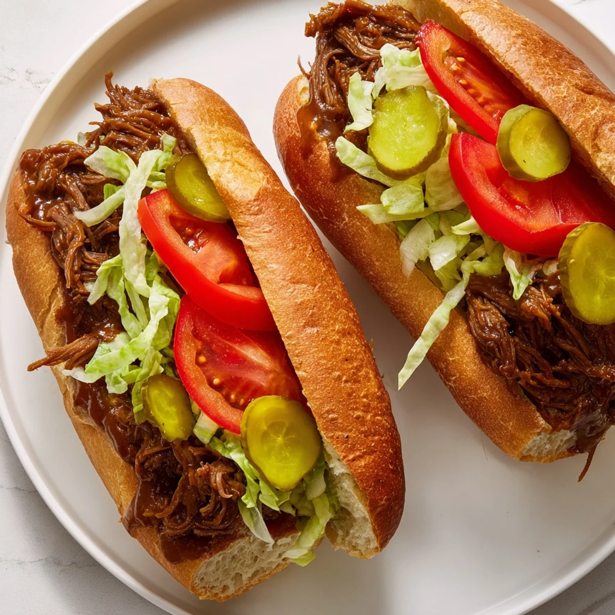 Close-up of a classic Roast Beef Po Boy Sandwich loaded with tender shredded roast beef, rich gravy, crisp lettuce, and ripe tomato slices on a crusty French bread roll.