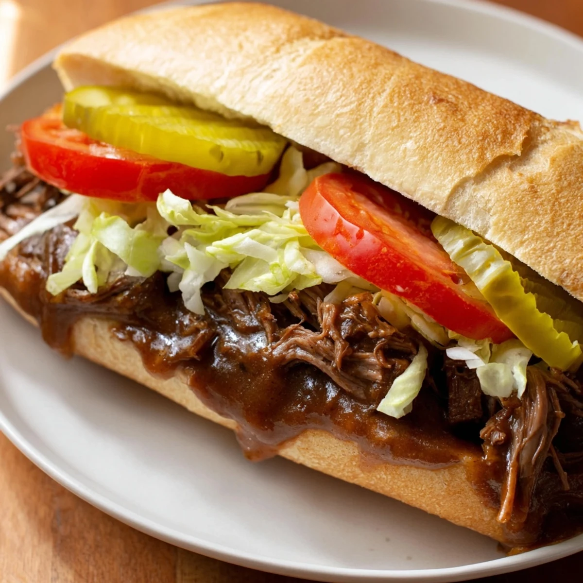 A hearty Roast Beef Po Boy Sandwich on a plate, featuring juicy shredded beef smothered in savory gravy, topped with pickles and fresh lettuce for a New Orleans-style meal.