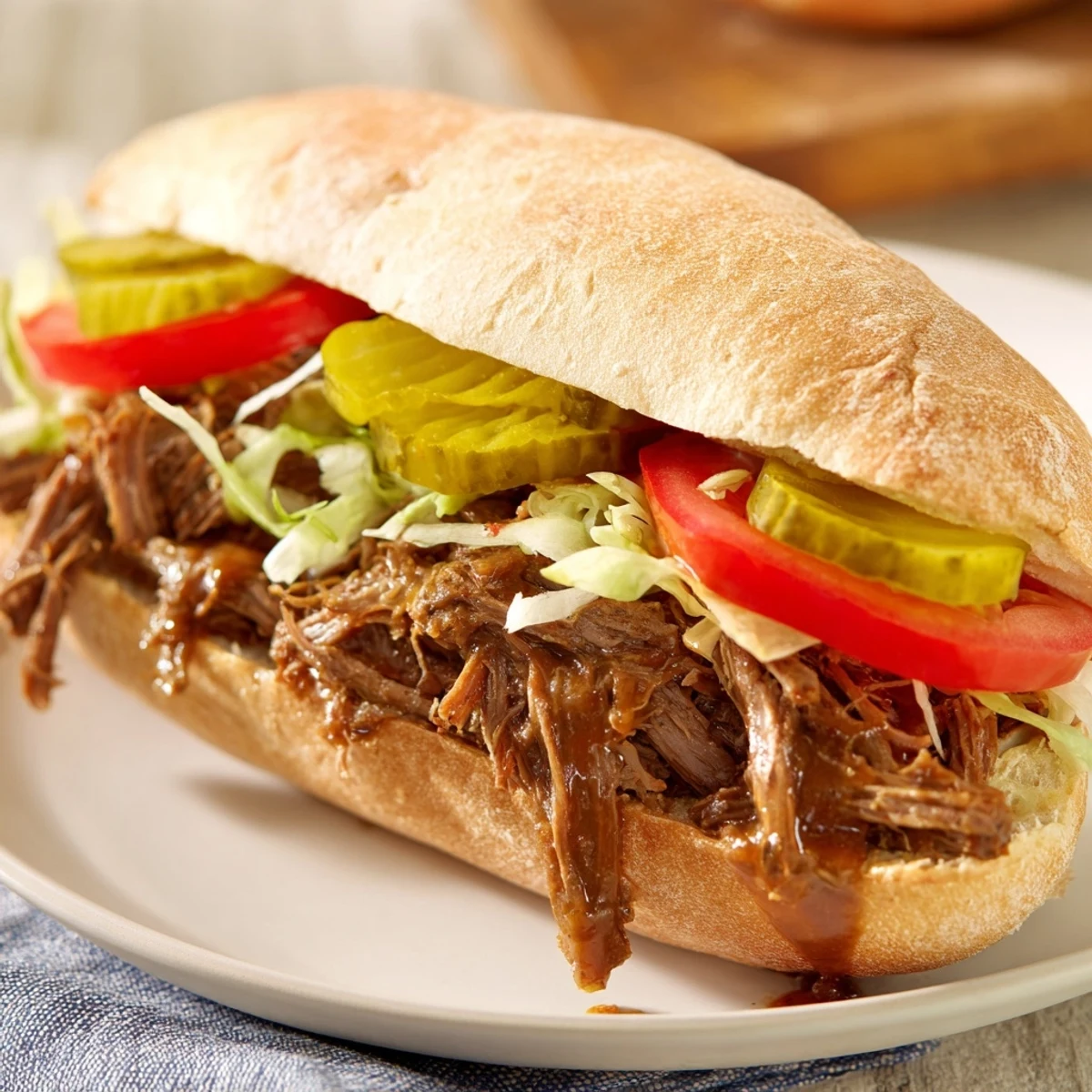 Golden crusty French bread hoagie roll stuffed with a warm Roast Beef Po Boy filling, garnished with vibrant tomato slices and crunchy lettuce, ready to be enjoyed with hot sauce.