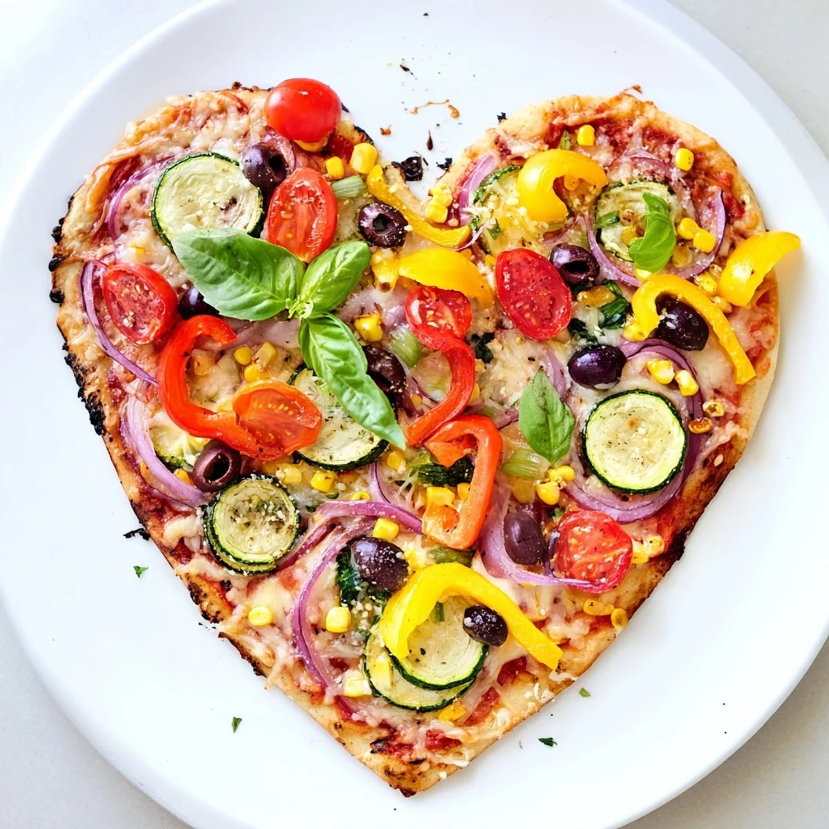 Freshly baked Heart Shaped Vegetable Pizza shows a golden crust topped with colorful peppers, onions, zucchini, and olives.