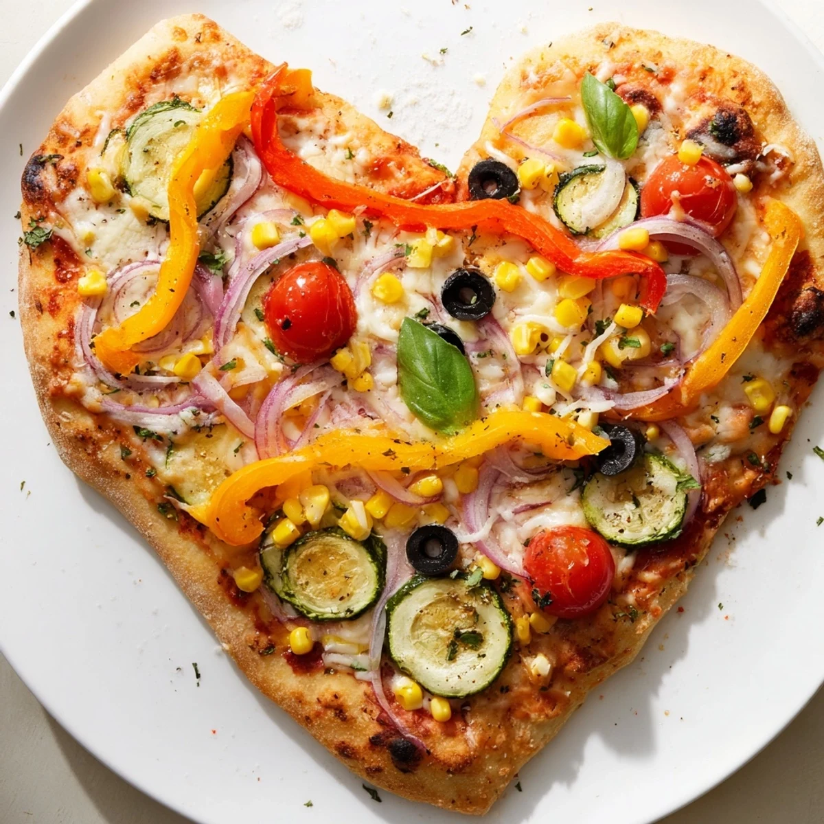 A close view of Heart Shaped Vegetable Pizza featuring bubbly mozzarella and vibrant cherry tomatoes on a crispy crust.